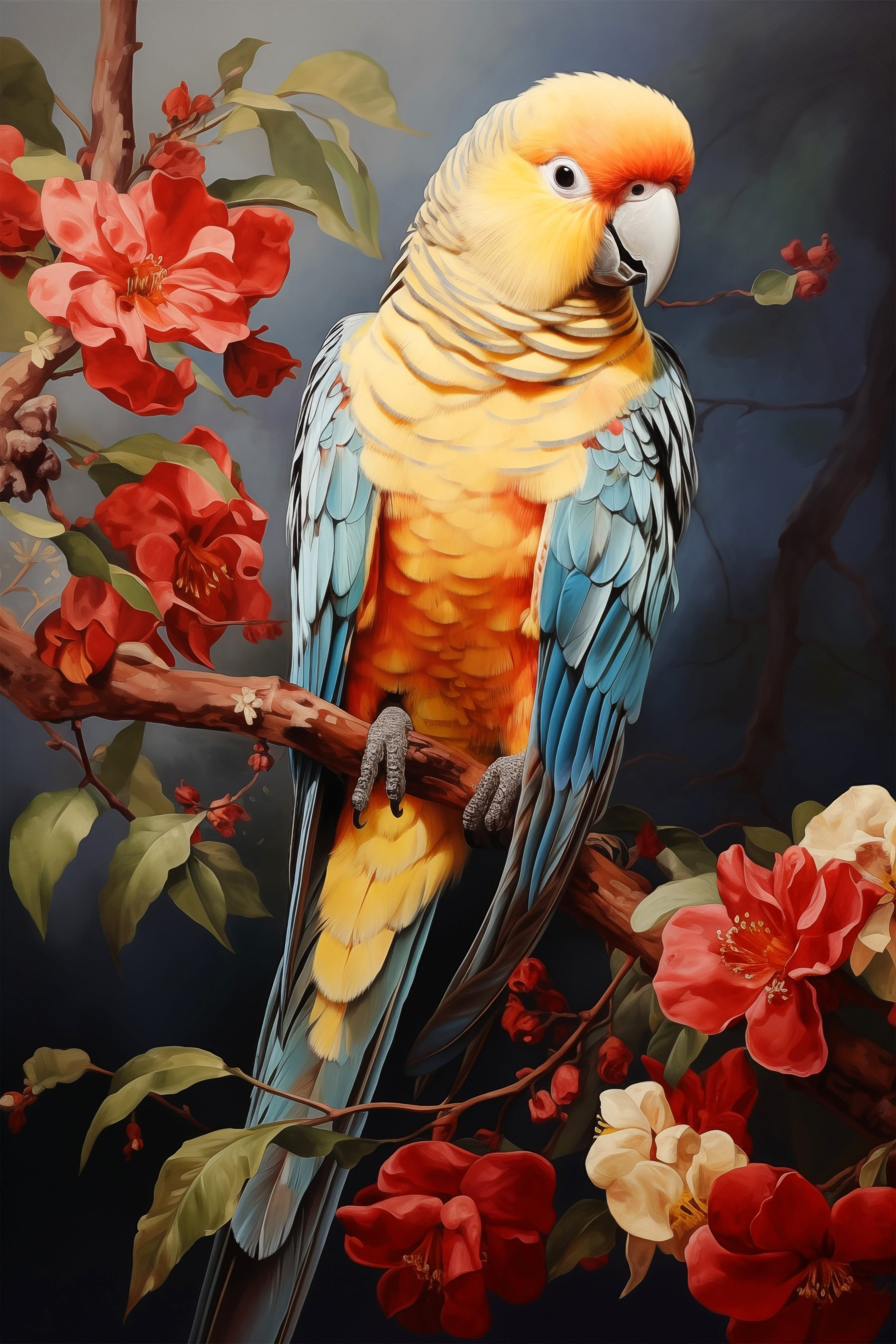 Colorful bird sitting on a branch with flowers
