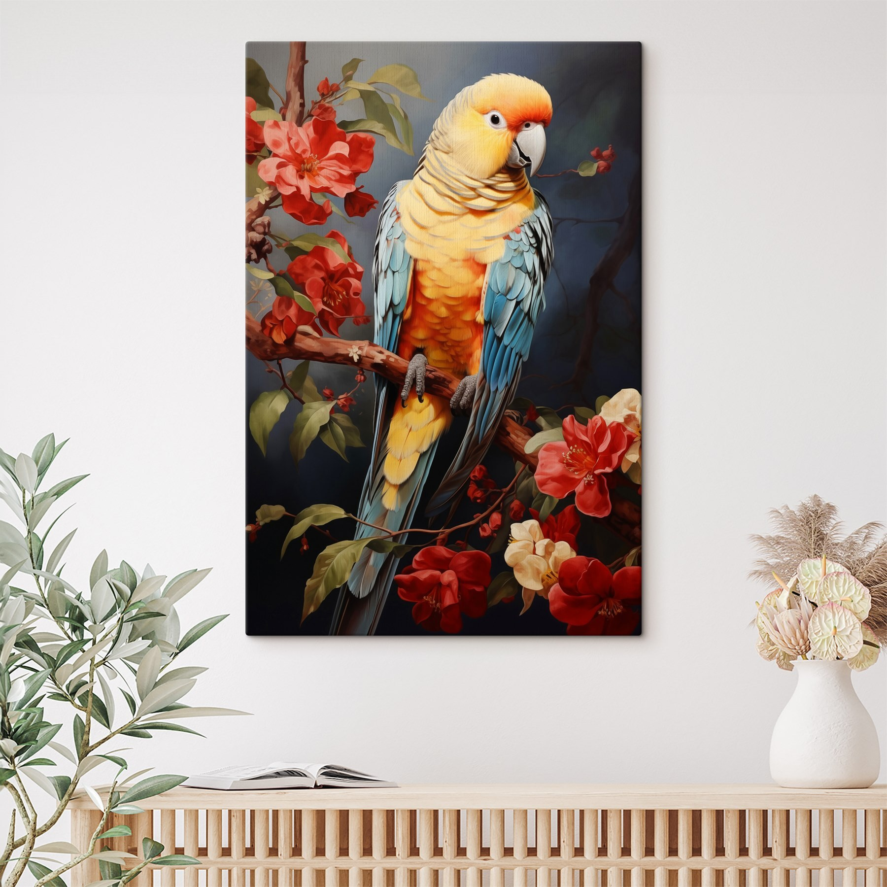 Colorful bird sitting on a branch with flowers