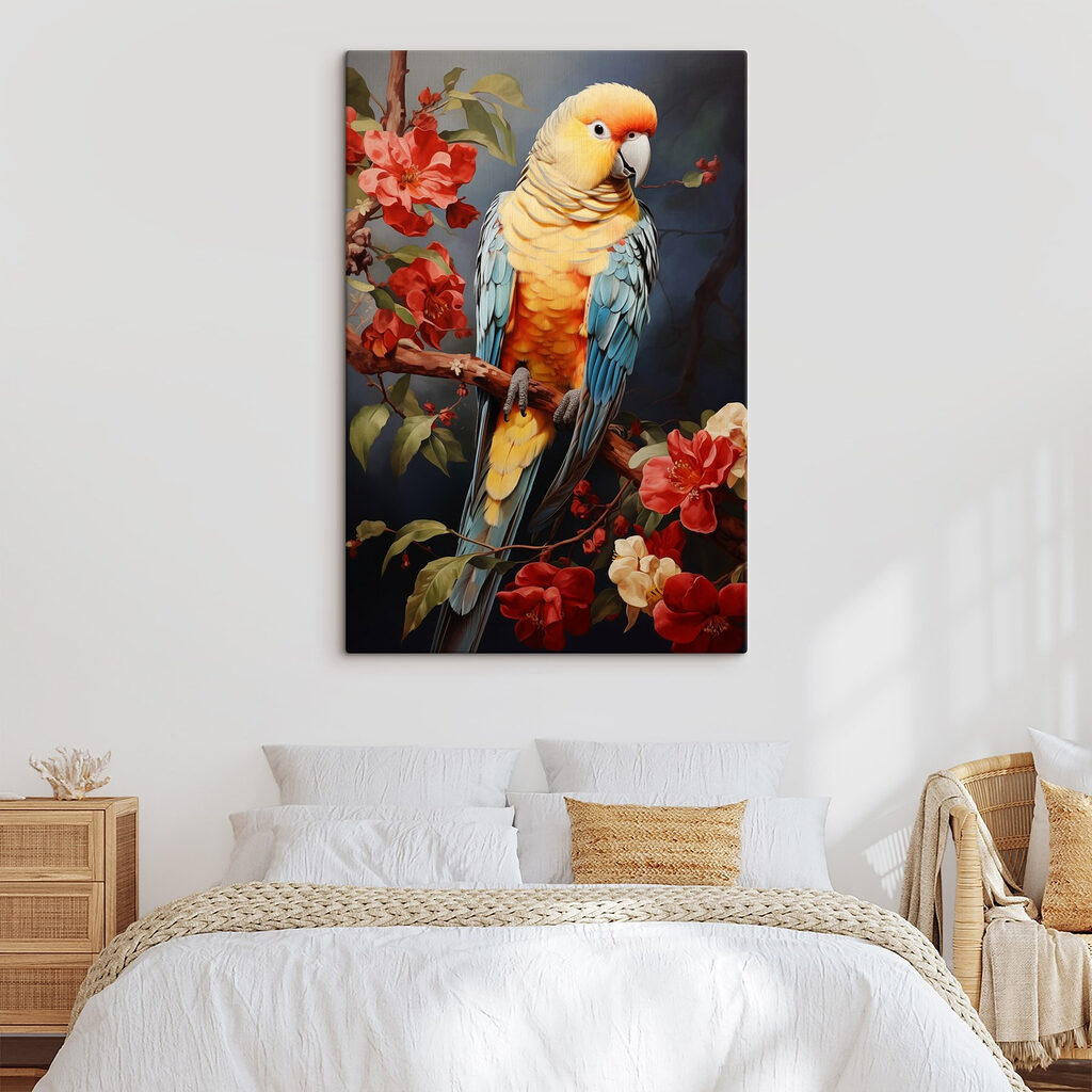 Colorful bird sitting on a branch with flowers