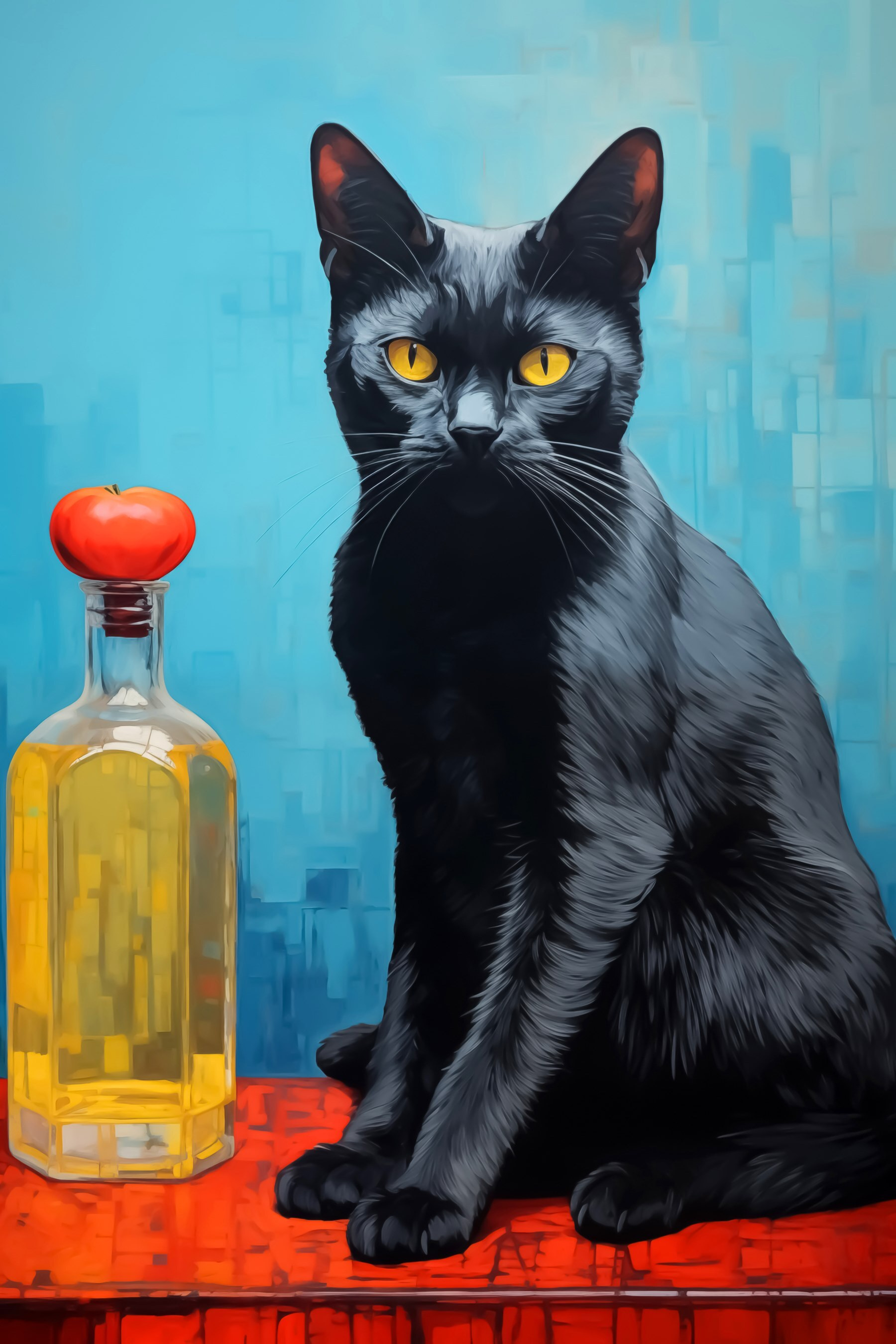 Black cat sitting next to a bottle of liquid Black cat sitting next to a bottle of liquid