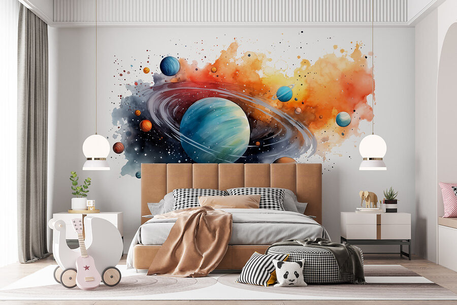 Acquerello di pianeti e stelle
