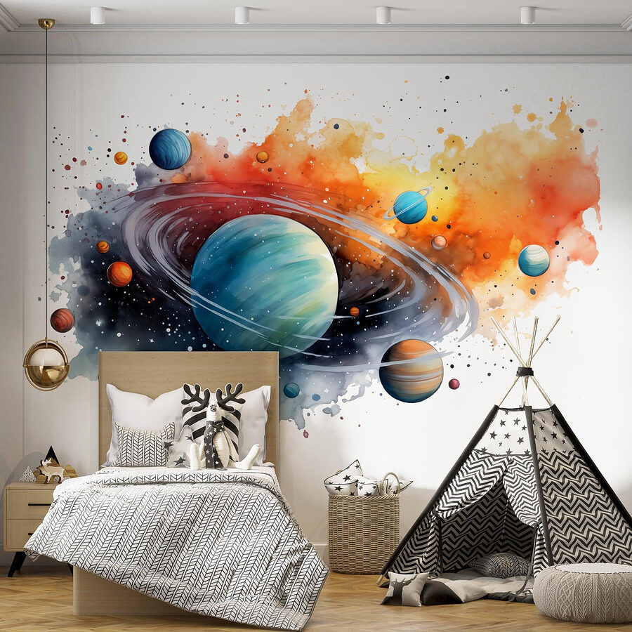 Acquerello di pianeti e stelle