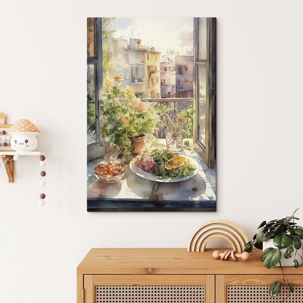 Quadri Quadri Acquerello raffigurante un tavolo con cibo e fiori davanti a una finestra (COD: s41166)