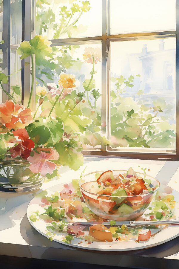 Watercolor painting of a bowl of food and flowers in front of a window Watercolor painting of a bowl of food and flowers in front of a window
