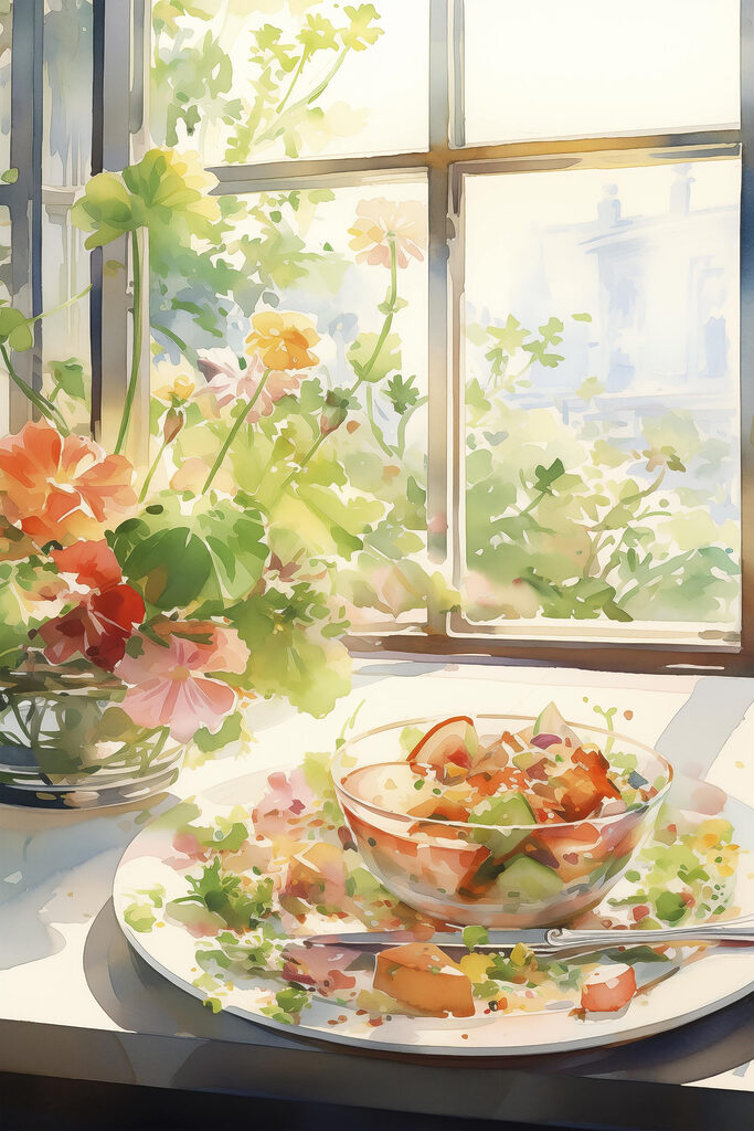 Watercolor painting of a bowl of food and flowers in front of a window Watercolor painting of a bowl of food and flowers in front of a window