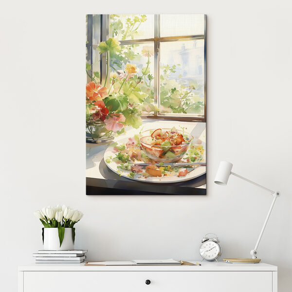 Quadri Quadri Acquerello raffigurante una ciotola con del cibo e dei fiori davanti a una finestra (COD: s41167)