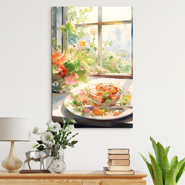 Watercolor painting of a bowl of food and flowers in front of a window Watercolor painting of a bowl of food and flowers in front of a window