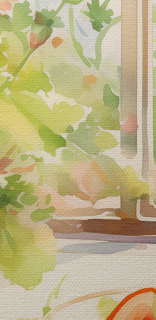 Watercolor painting of a bowl of food and flowers in front of a window Watercolor painting of a bowl of food and flowers in front of a window