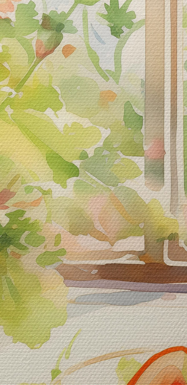 Watercolor painting of a bowl of food and flowers in front of a window Watercolor painting of a bowl of food and flowers in front of a window