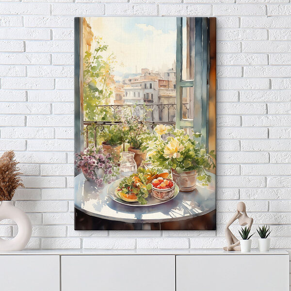 Quadri Quadri Acquerello raffigurante fiori e frutta su un tavolo davanti a una finestra (COD: s41168)