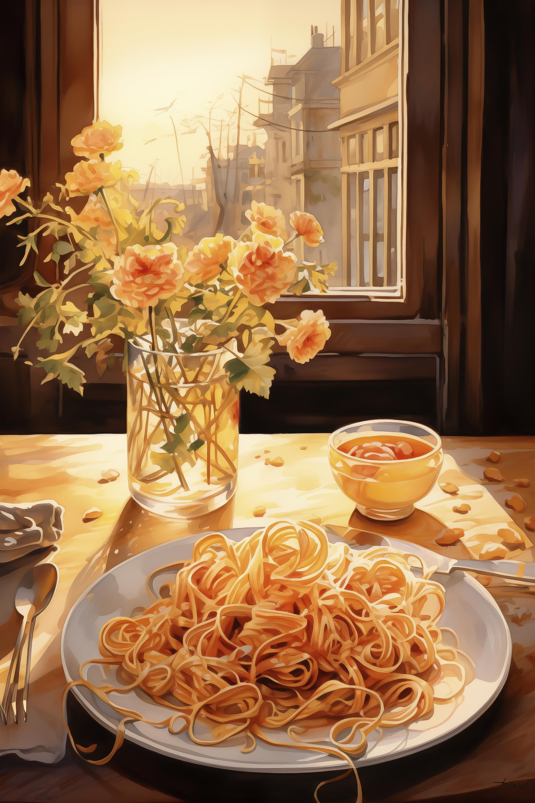 Plate of pasta and a vase of flowers Plate of pasta and a vase of flowers