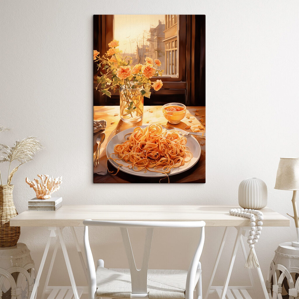 Plate of pasta and a vase of flowers Plate of pasta and a vase of flowers