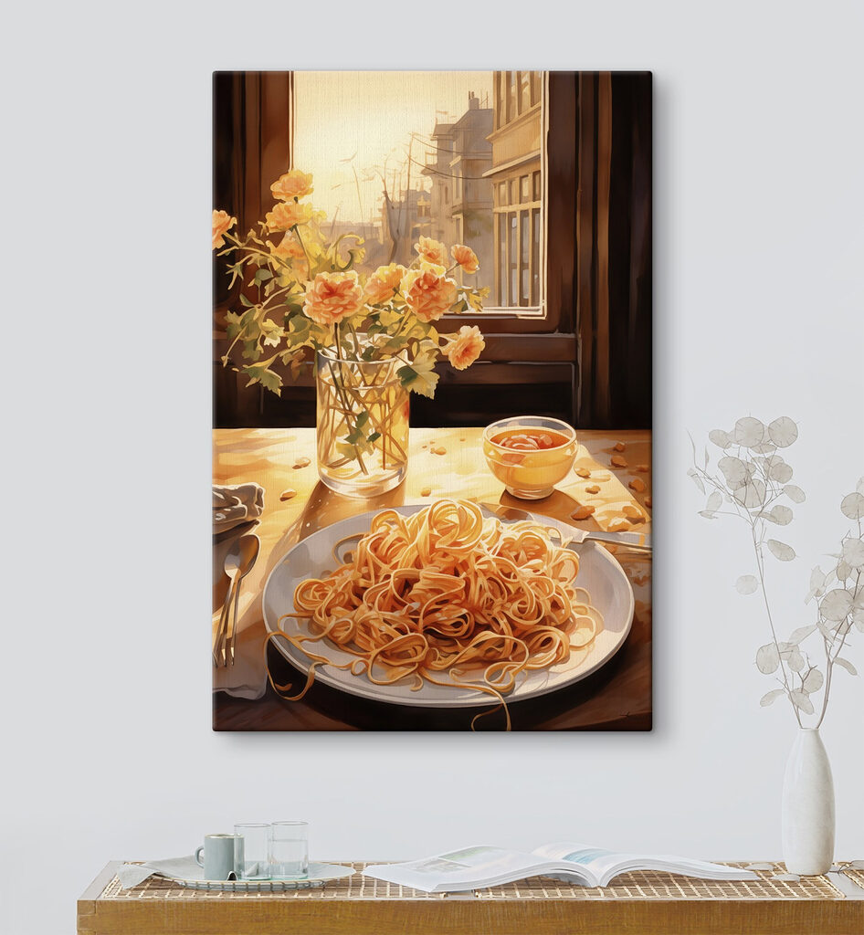 Plate of pasta and a vase of flowers Plate of pasta and a vase of flowers