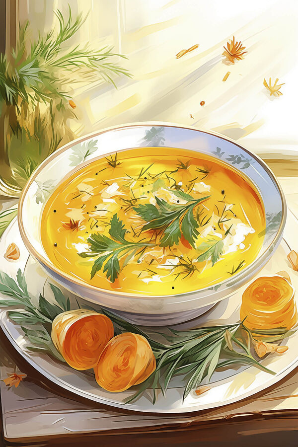 Bowl of soup with greens on a plate