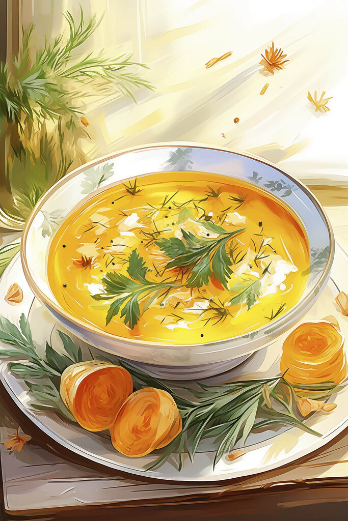 Bowl of soup with greens on a plate