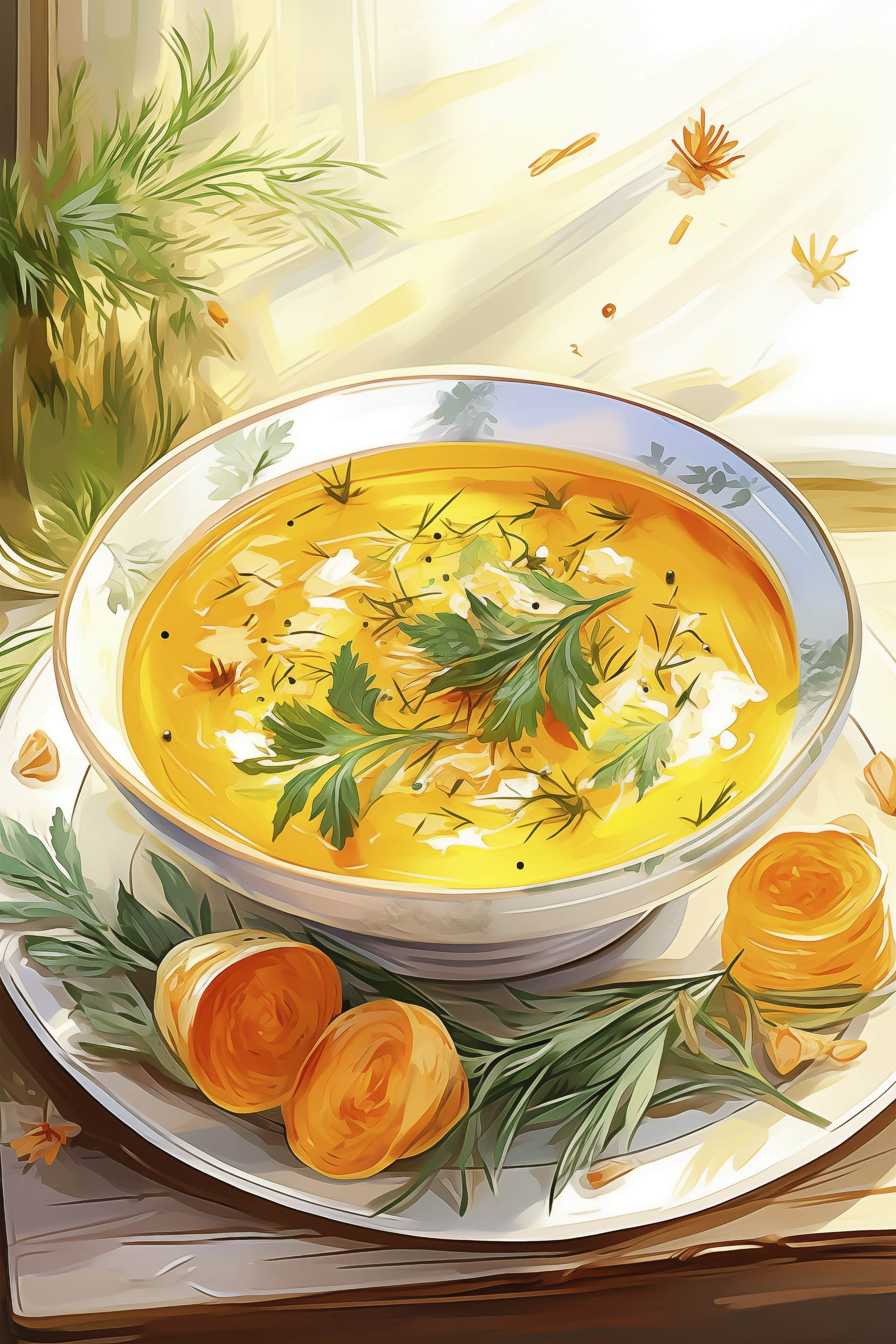 Bowl of soup with greens on a plate