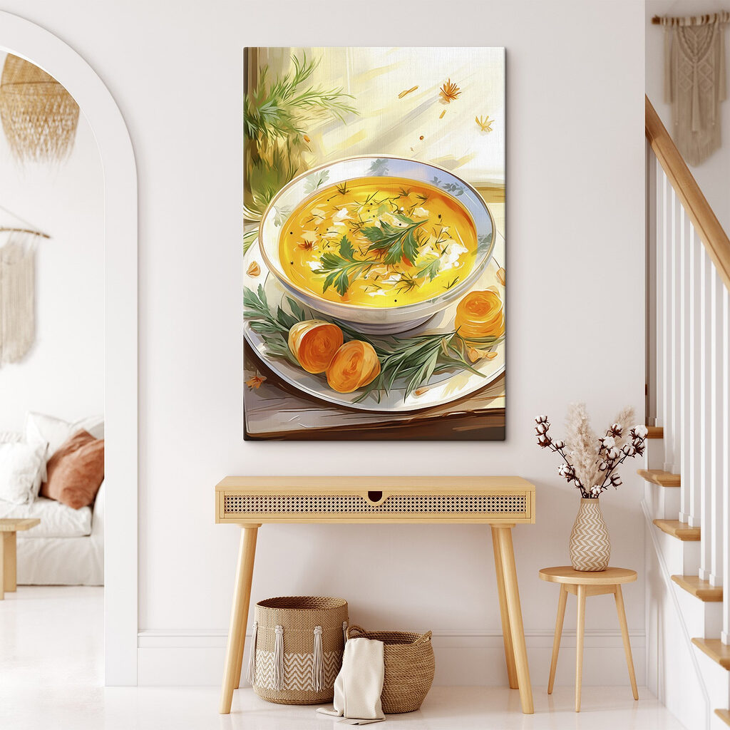 Bowl of soup with greens on a plate