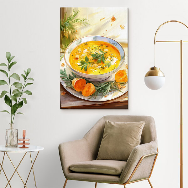 Bowl of soup with greens on a plate
