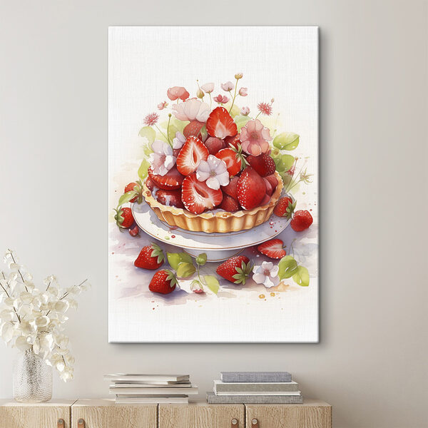 Quadri Quadri Acquerello raffigurante una torta con fragole e fiori (COD: s41177)