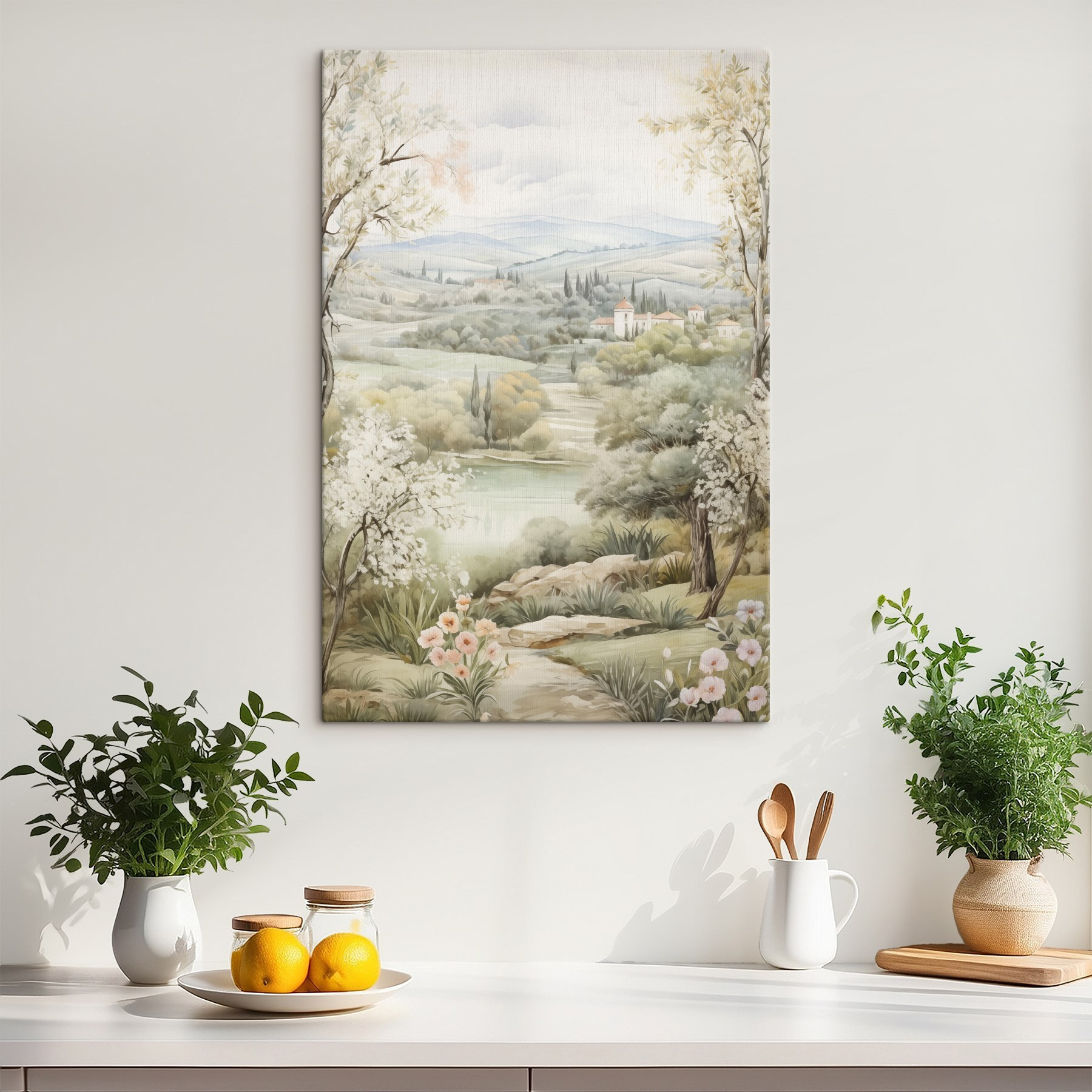 Painting of a landscape with trees and a river