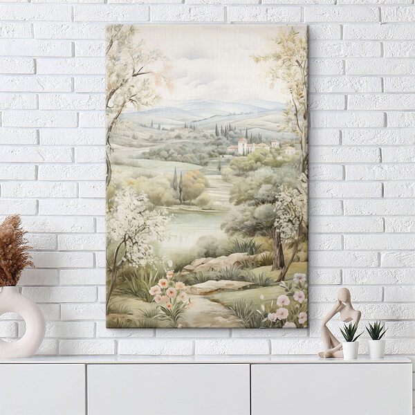 Painting of a landscape with trees and a river