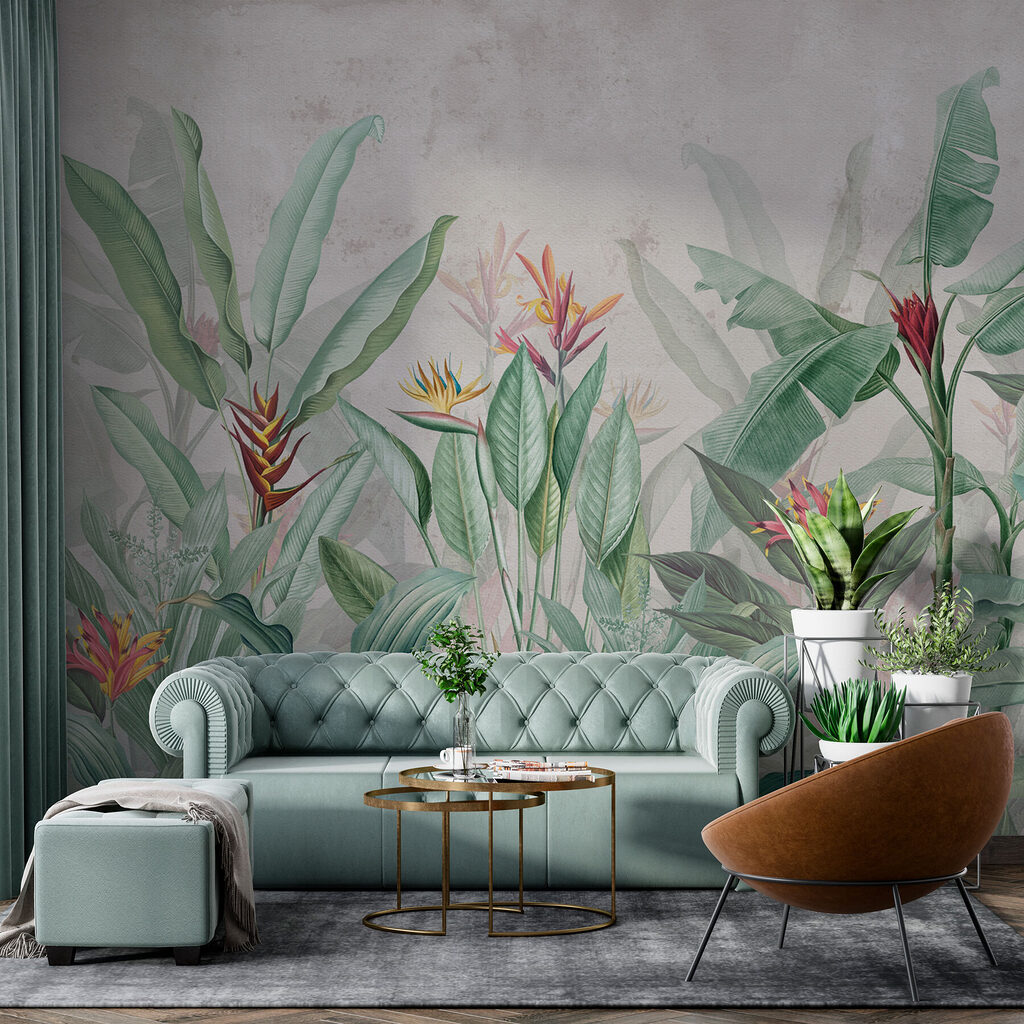 Wallpaper with a pattern of flowers and leaves