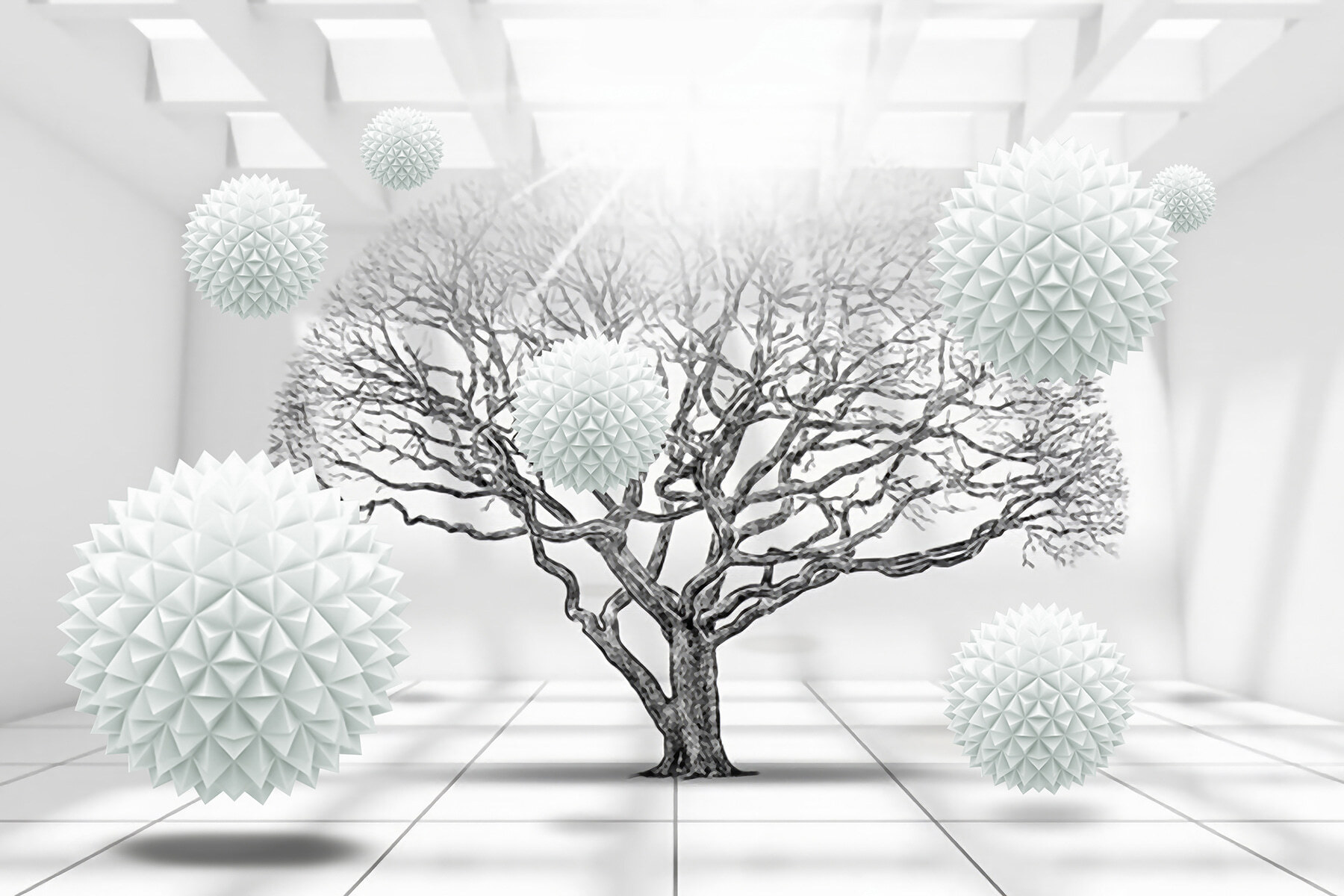 Tree with white balls floating in the air Tree with white balls floating in the air
