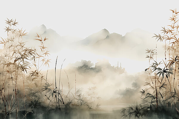Pittura di un paesaggio con piante e nebbia Pittura di un paesaggio con piante e nebbia