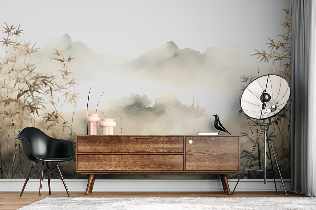 Painting of a landscape with plants and fog Painting of a landscape with plants and fog