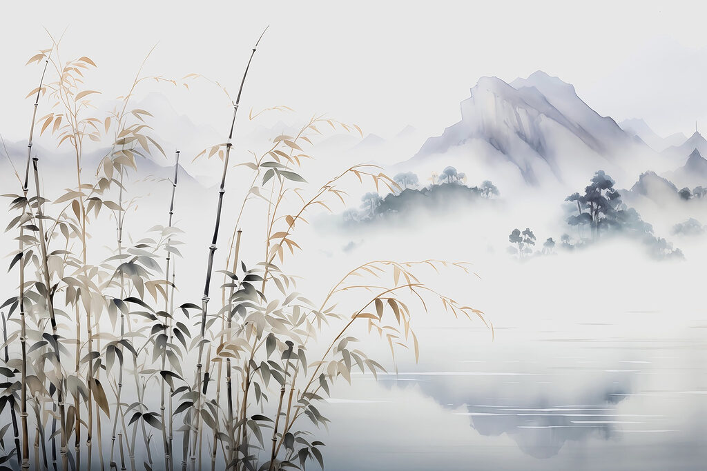 Pittura di un paesaggio con lago e montagne Pittura di un paesaggio con lago e montagne