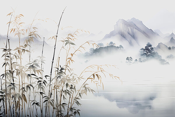 Pittura di un paesaggio con lago e montagne Pittura di un paesaggio con lago e montagne
