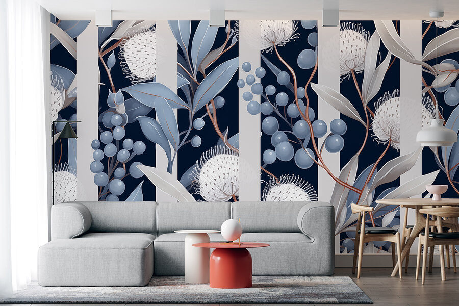 Motivo floreale con fiori e foglie blu e bianchi