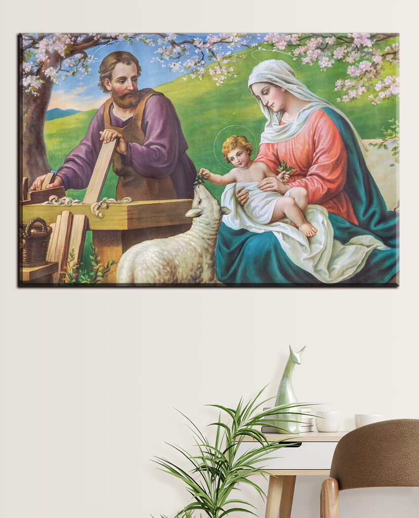 Painting of a man and woman holding a baby