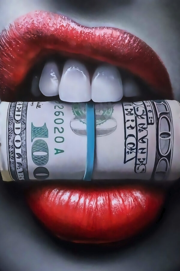 Close up of a woman's mouth with a rolled up dollar bill