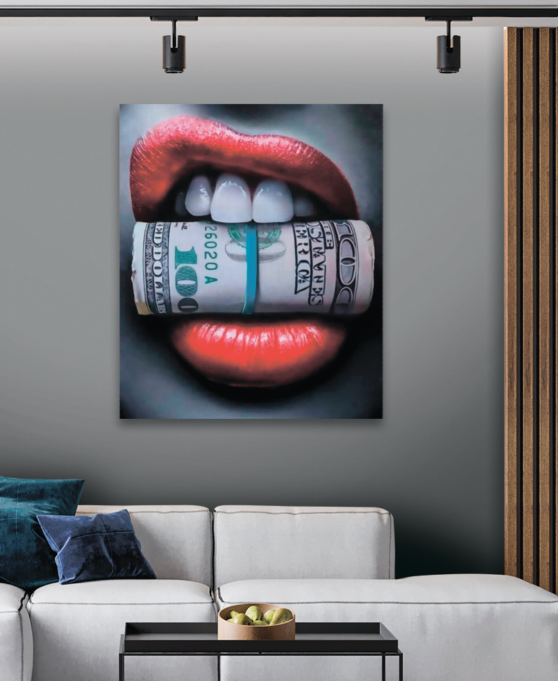 Close up of a woman's mouth with a rolled up dollar bill