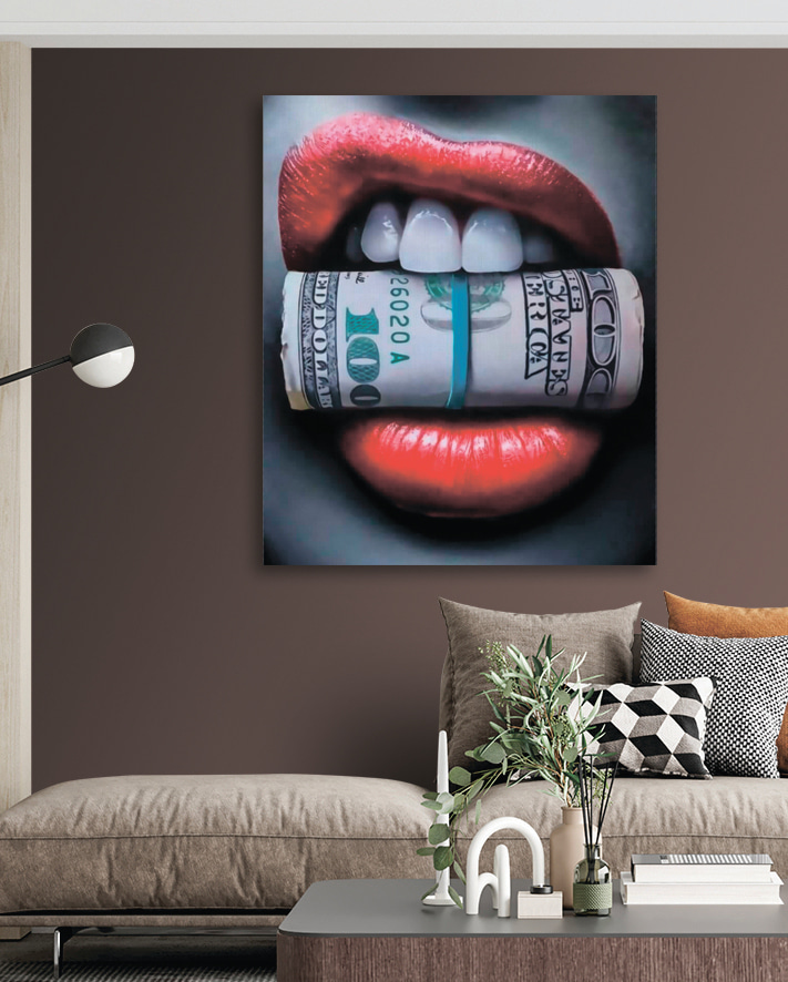 Close up of a woman's mouth with a rolled up dollar bill