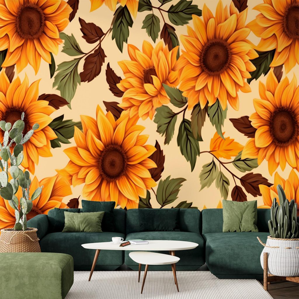 Pattern of sunflowers and leaves