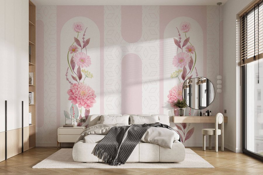 Fiori e foglie rosa su sfondo bianco
