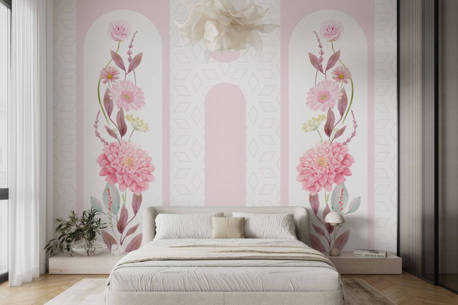 Fiori e foglie rosa su sfondo bianco