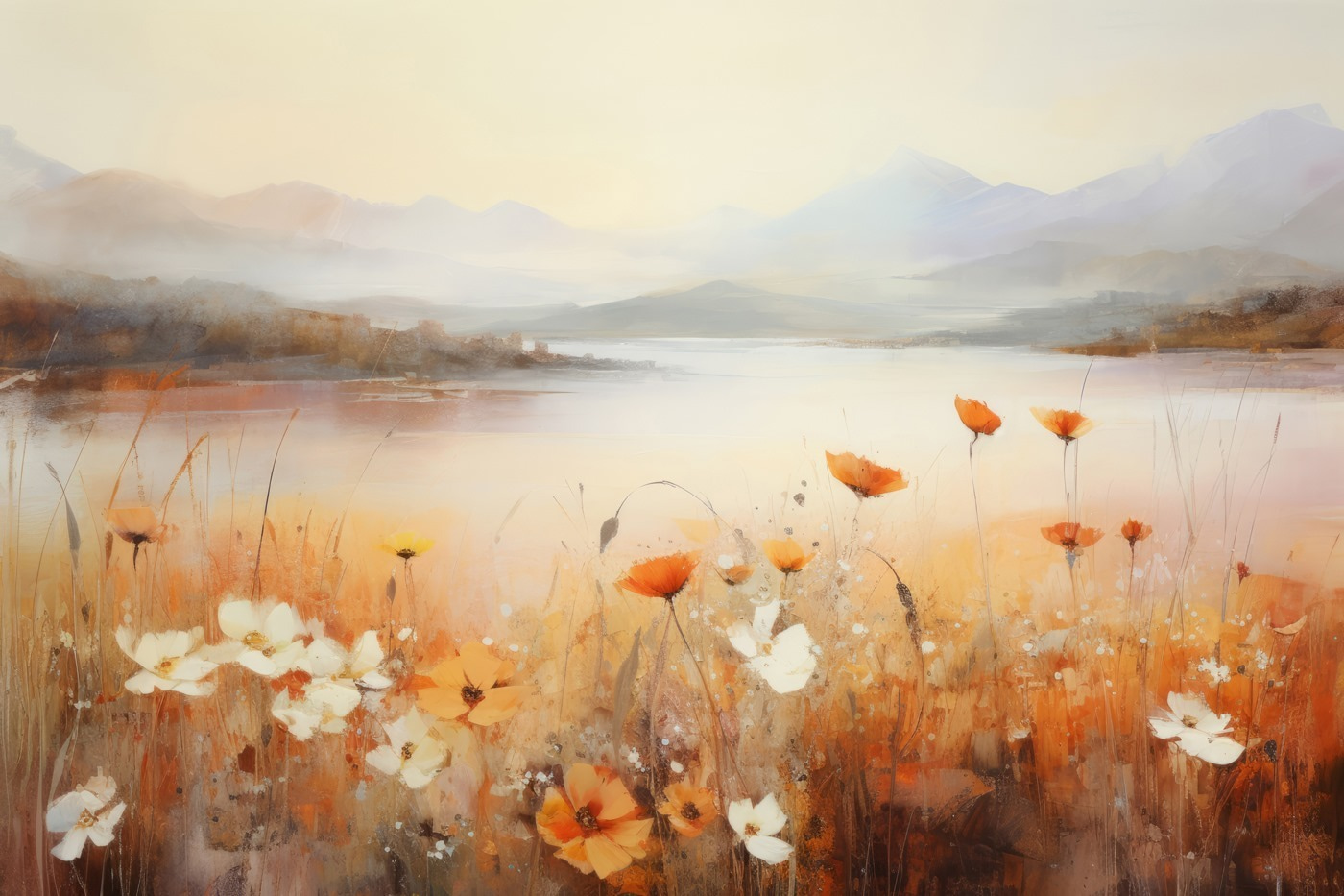 Painting of flowers by a lake