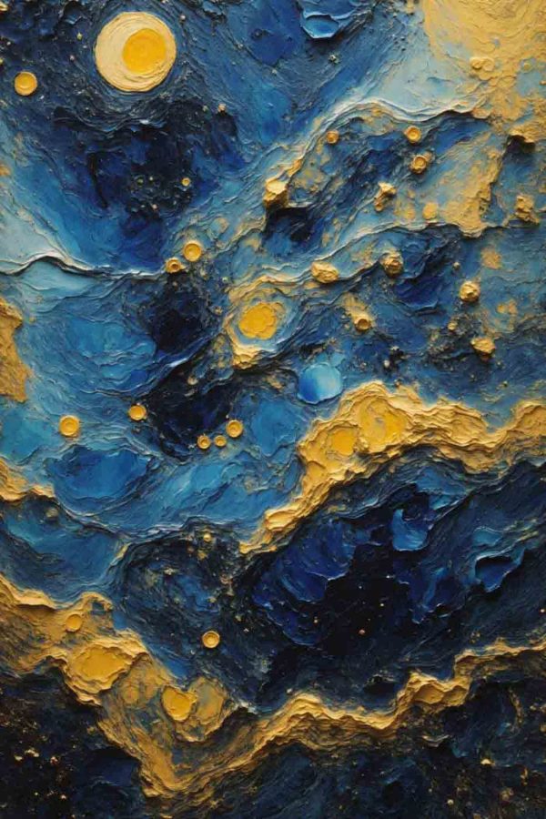 Azure waves and amber orbs dance