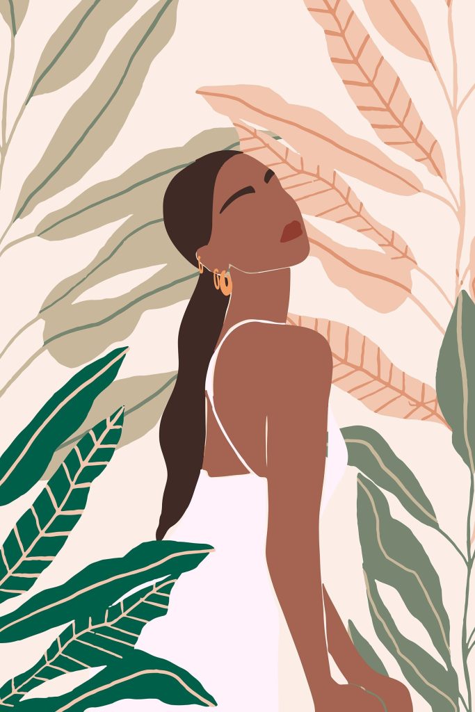 Woman serene among lush foliage Woman serene among lush foliage