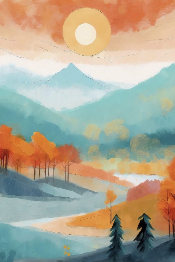 Painting of a landscape with trees and mountains