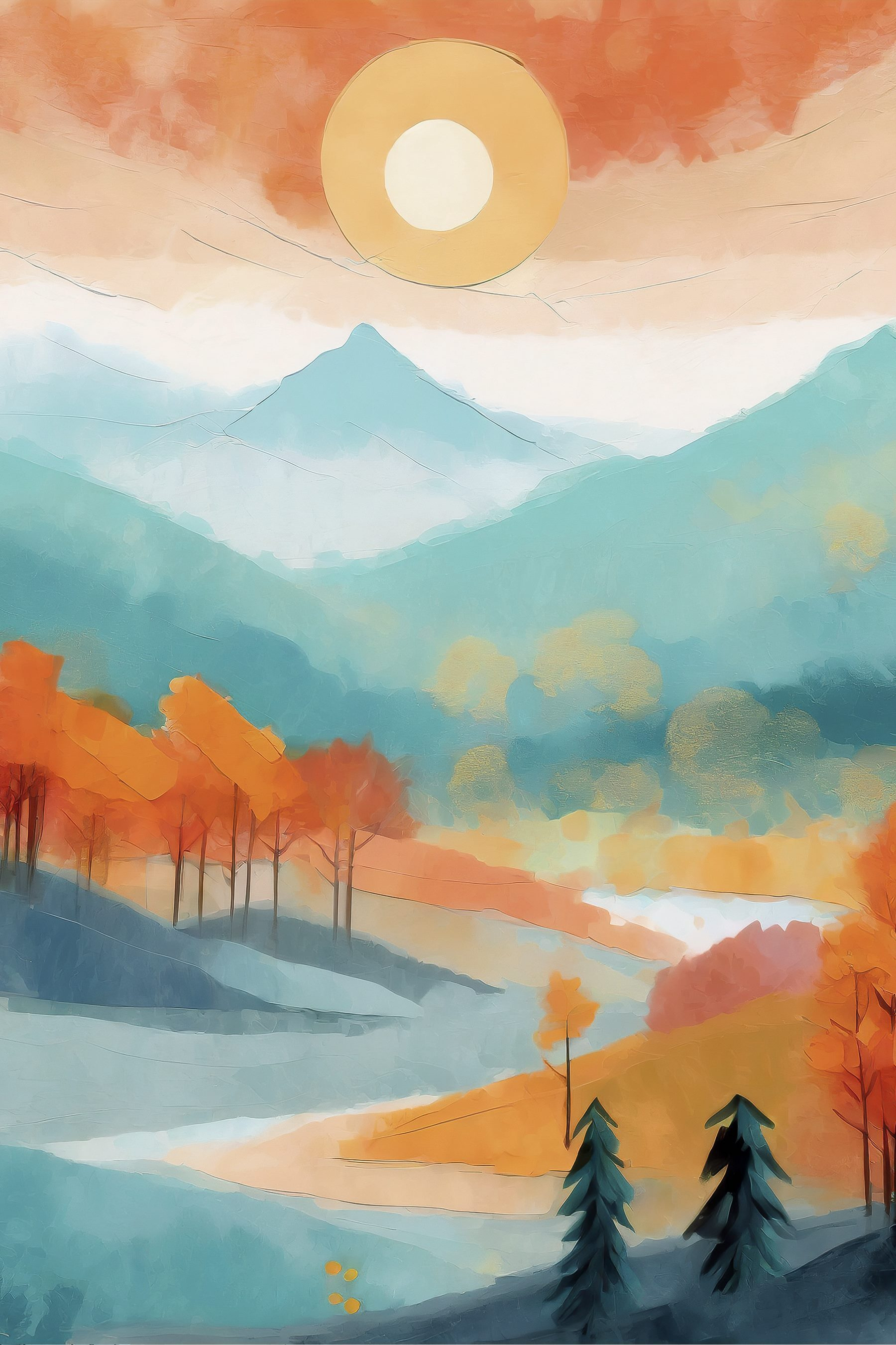 Painting of a landscape with trees and mountains