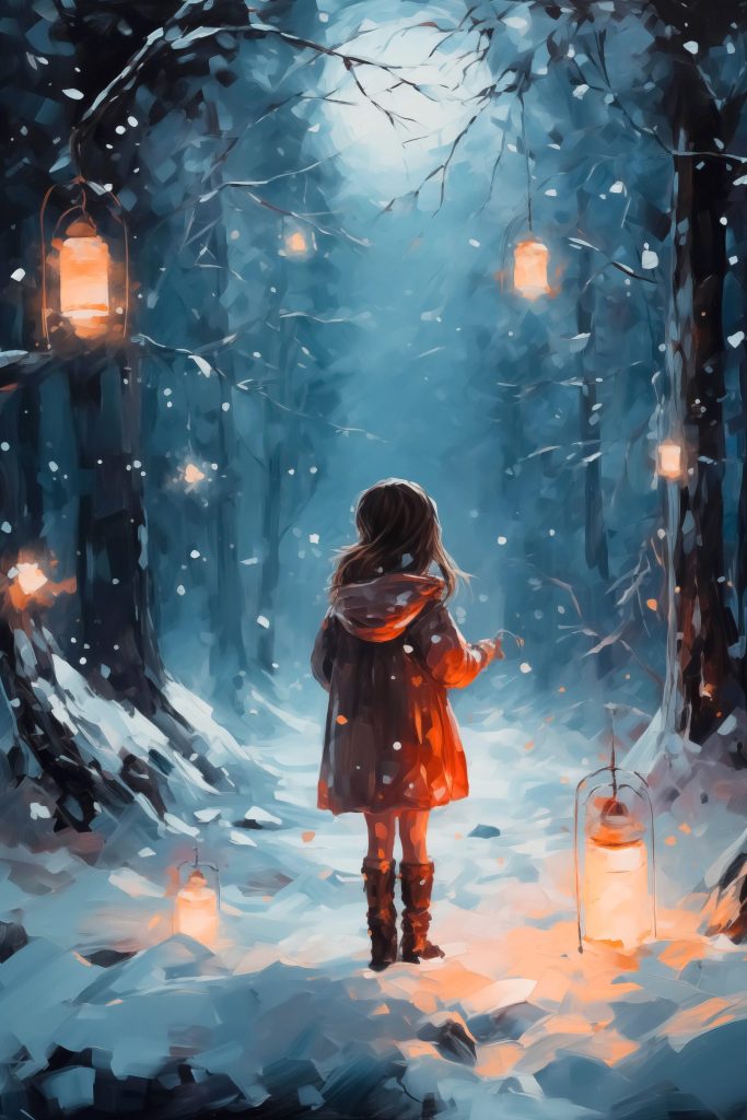 Girl standing in a snowy forest with lanterns