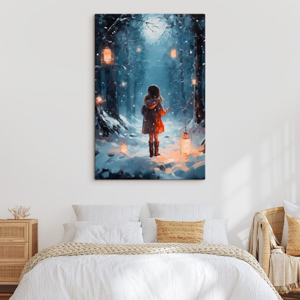 Girl standing in a snowy forest with lanterns