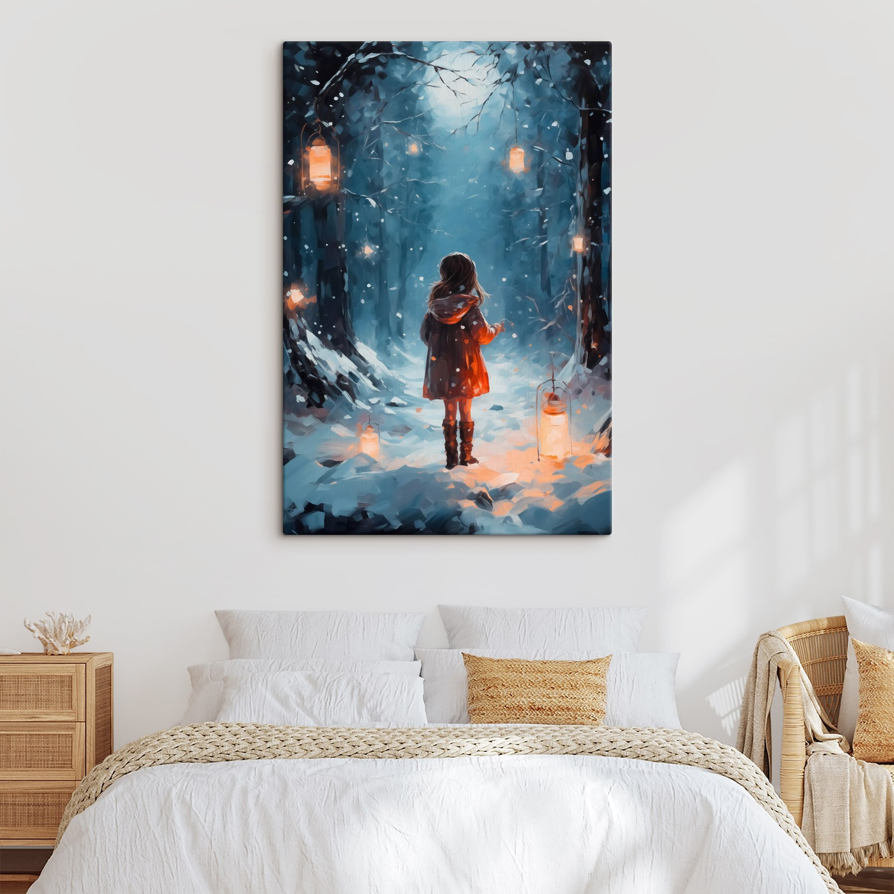 Girl standing in a snowy forest with lanterns