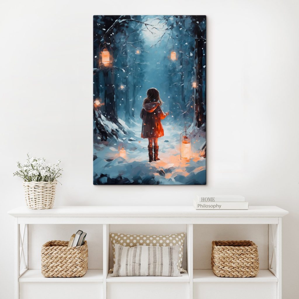 Girl standing in a snowy forest with lanterns