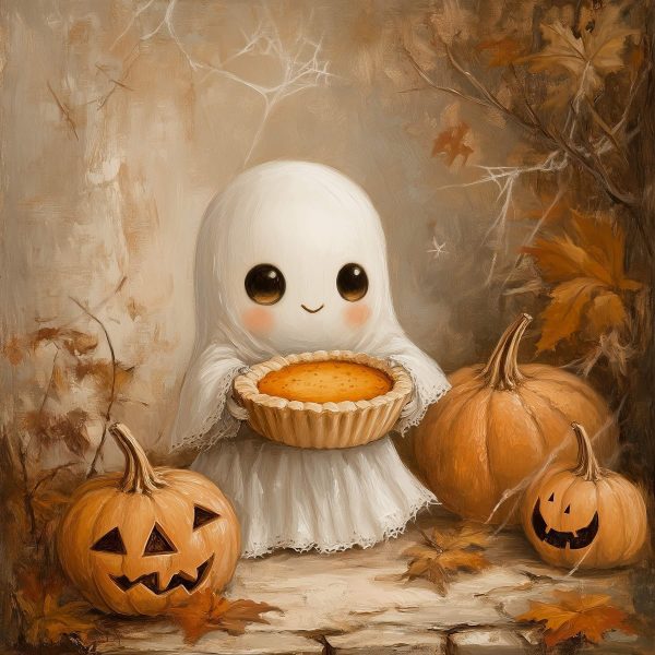 Painting of a ghost holding a pie