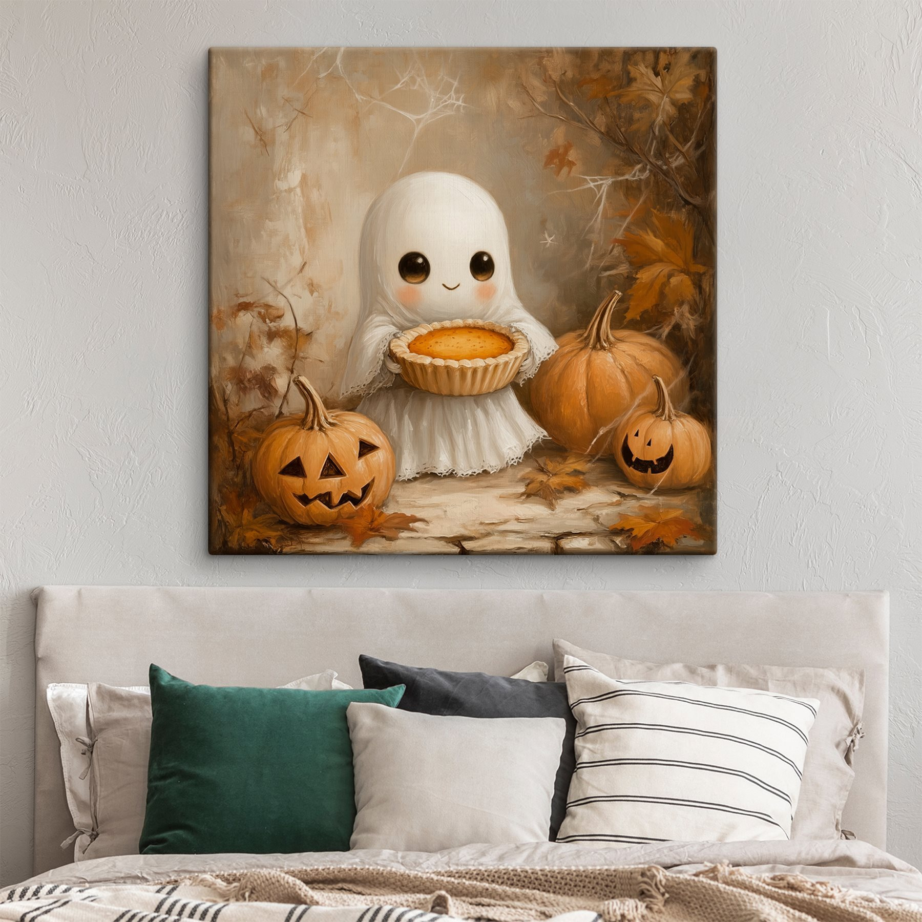 Painting of a ghost holding a pie